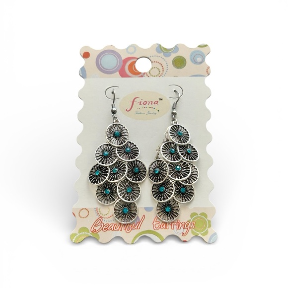 Fiona Jewelry - NWT Fiona Silver Tone Blue Rhinestone Chandelier Earrings Boho Statement